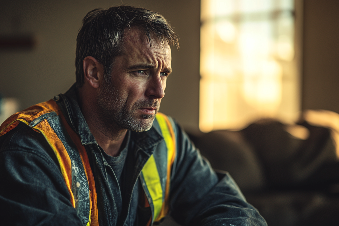 Man in construction clothes sadly sitting on a couch | Source: Midjourney