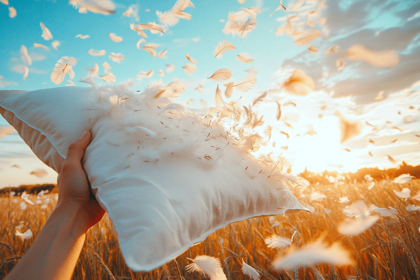 Someone holding a pillow to the wind releasing feathers in a field | Source: Midjourney