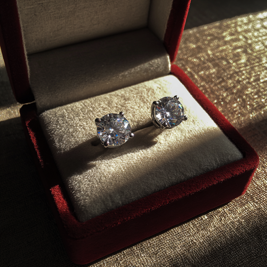 A pair of diamond earrings in a velvet box | Source: Midjourney