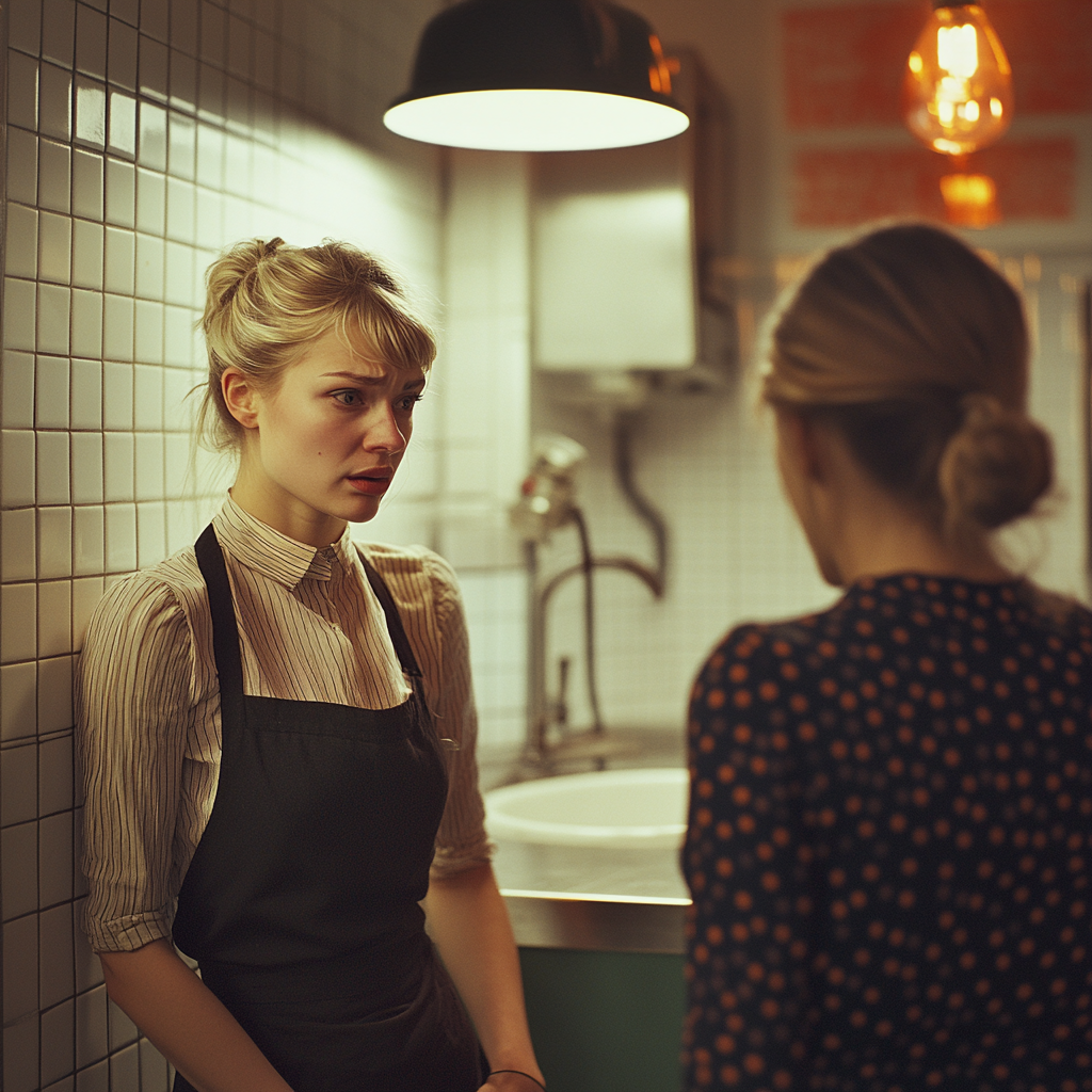 A worried waitress talking to a woman | Source: Midjourney