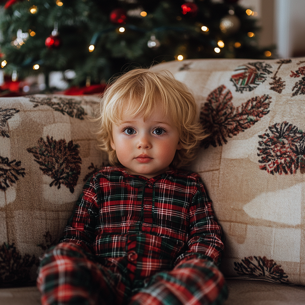 A toddler in plaid pajamas | Source: Midjourney