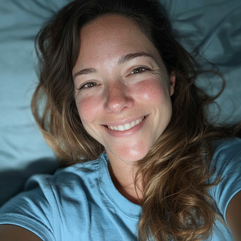 A woman smiling in bed | Source: Midjourney