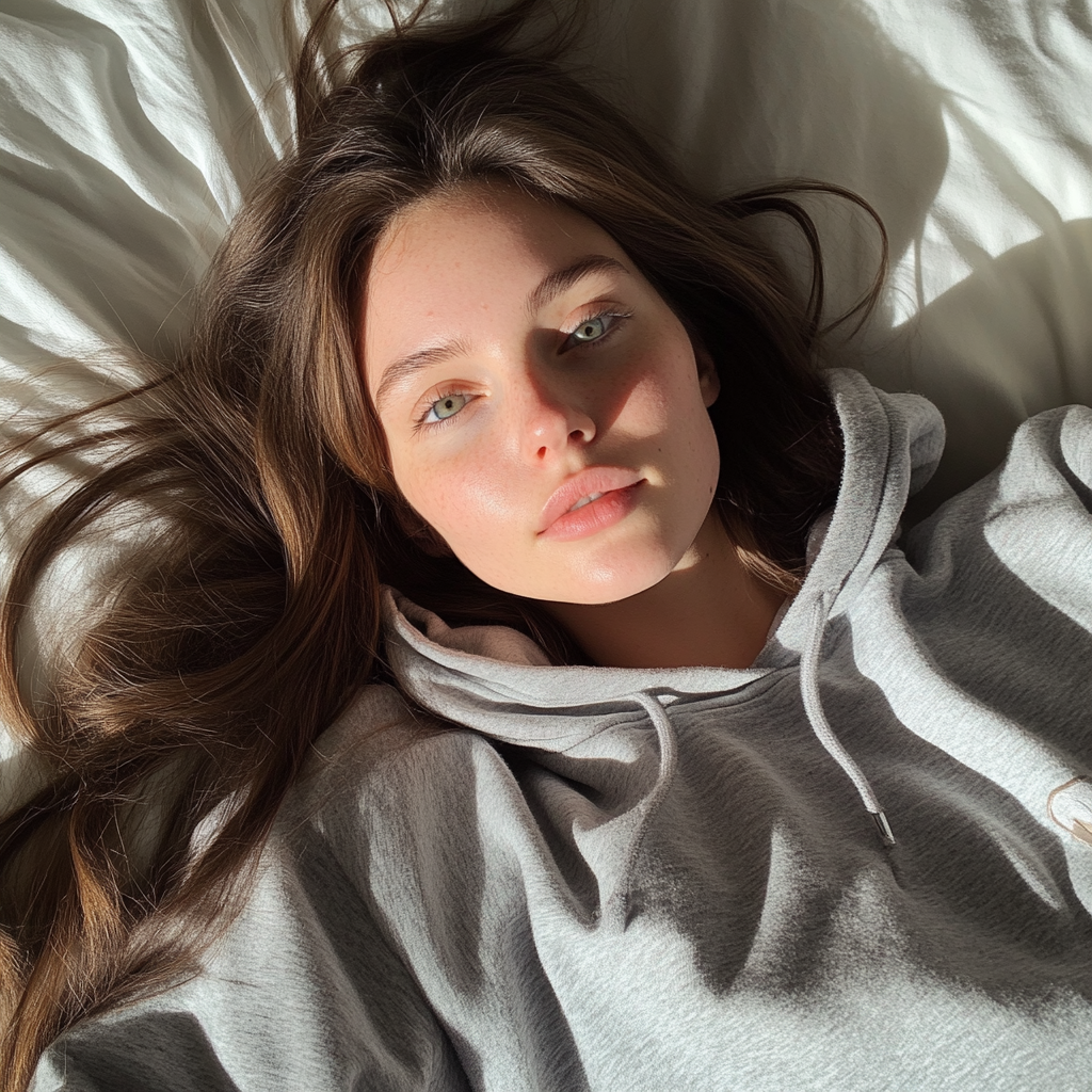 A young woman sitting on her bed | Source: Midjourney