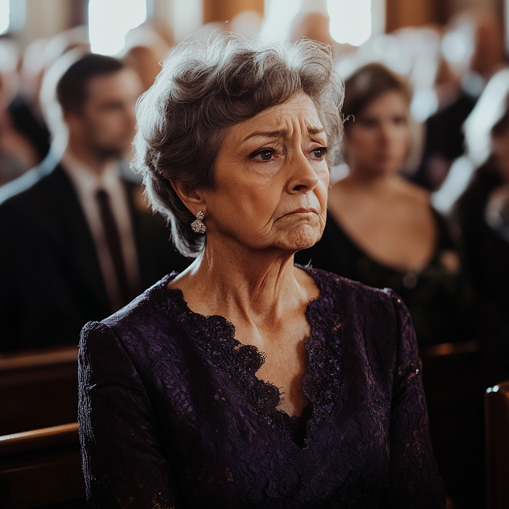 An upset woman sitting in a church pew | Source: Midjourney
