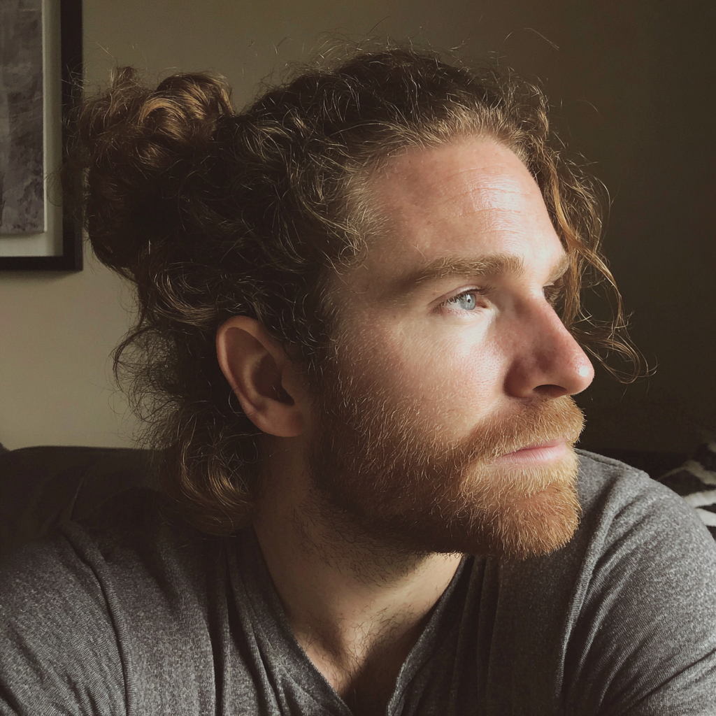 A pensive man with a man bun | Source: Midjourney