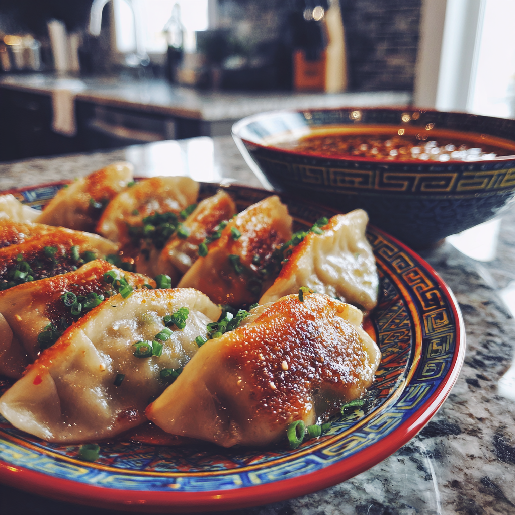 A plate of fresh potstickers on a counter | Source: Midjourney