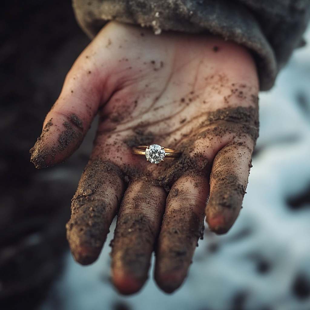 Close-up shot of a woman holding a diamond ring | Source: Midjourney