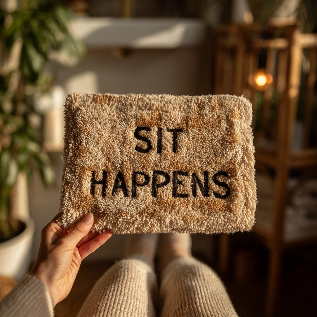 A woman's hand holding a bathroom mat | Source: Midjourney