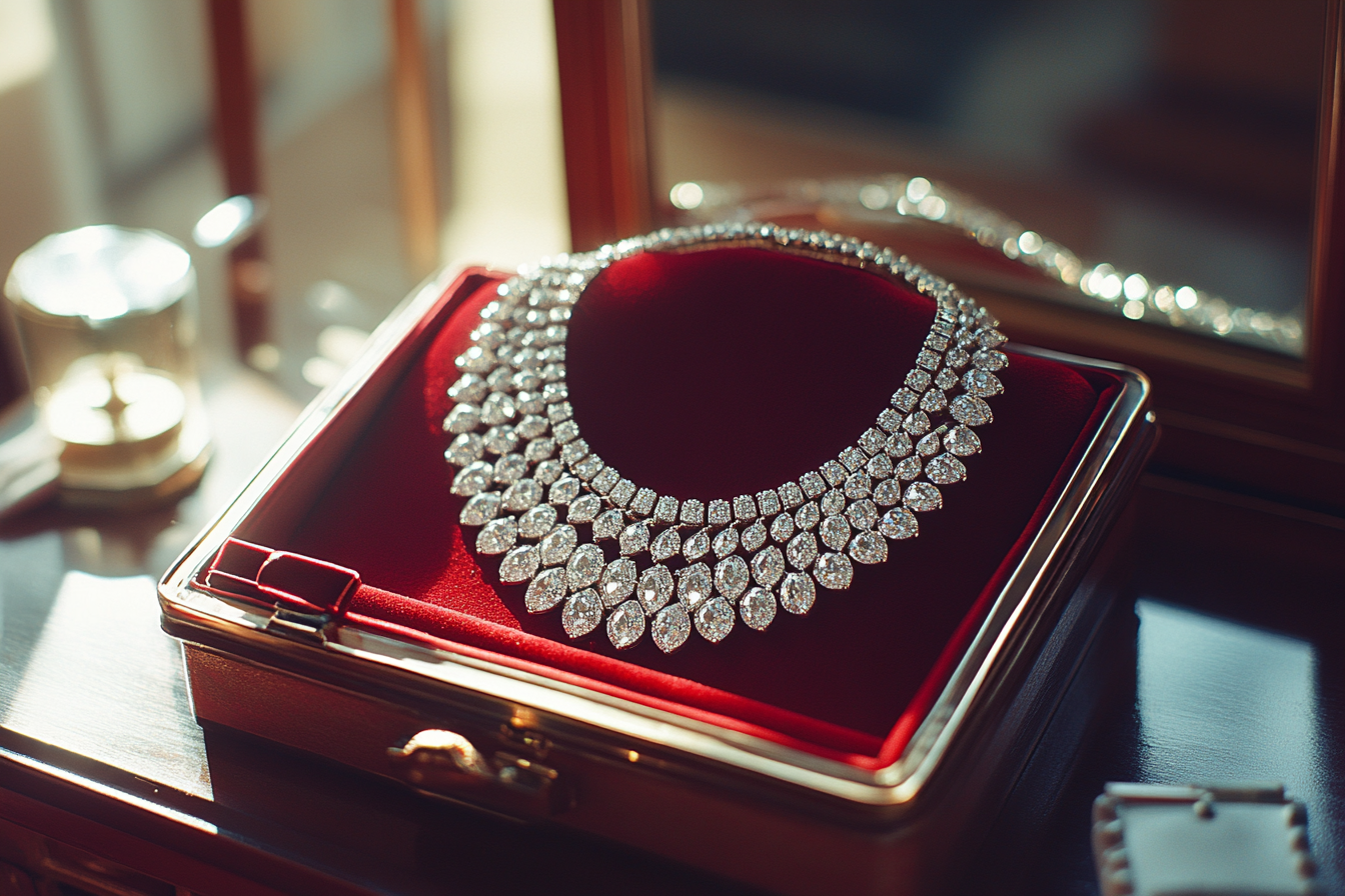 A flashy, big diamond necklace on a velvet box in a vanity desk | Source: Midjourney