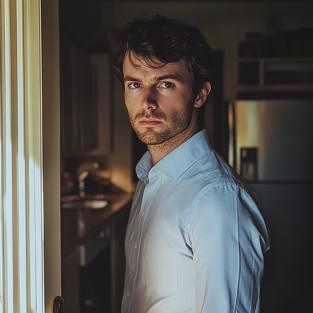 A concerned man standing in a kitchen wearing a formal shirt | Source: Midjourney