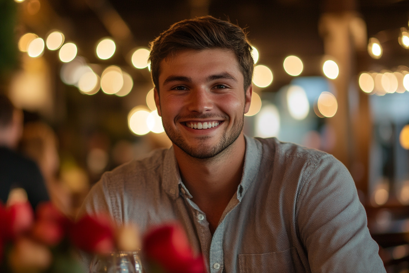 A man in a restaurant smiling at his date | Source: Midjourney