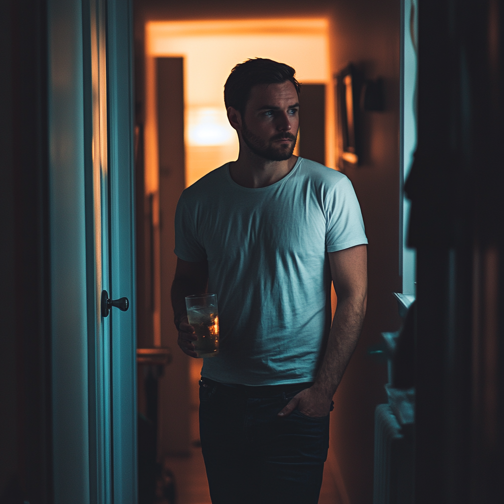 A man walking through the house with a drink in his hand | Source: Midjourney