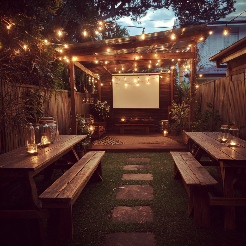 A backyard setting with a projector and fairy lights | Source: Midjourney