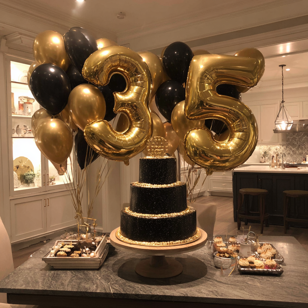 A black and gold birthday party setup | Source: Midjourney