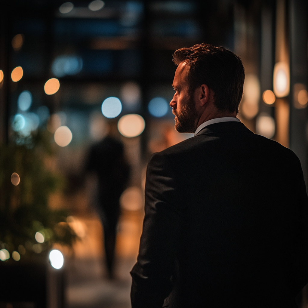 Man in a suit leaving a company event | Source: Midjourney