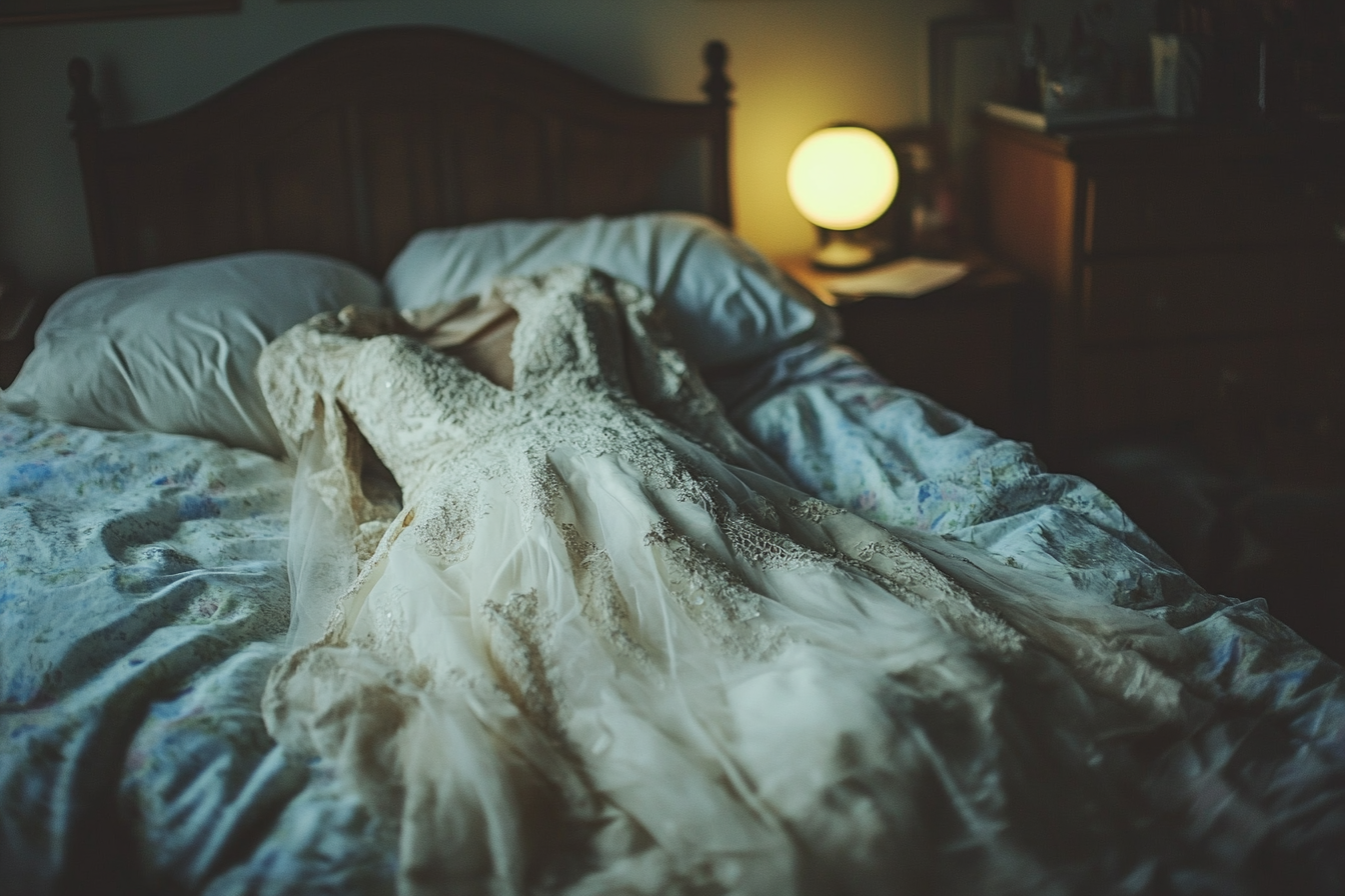 Ruined wedding dress on a bed | Source: Midjourney