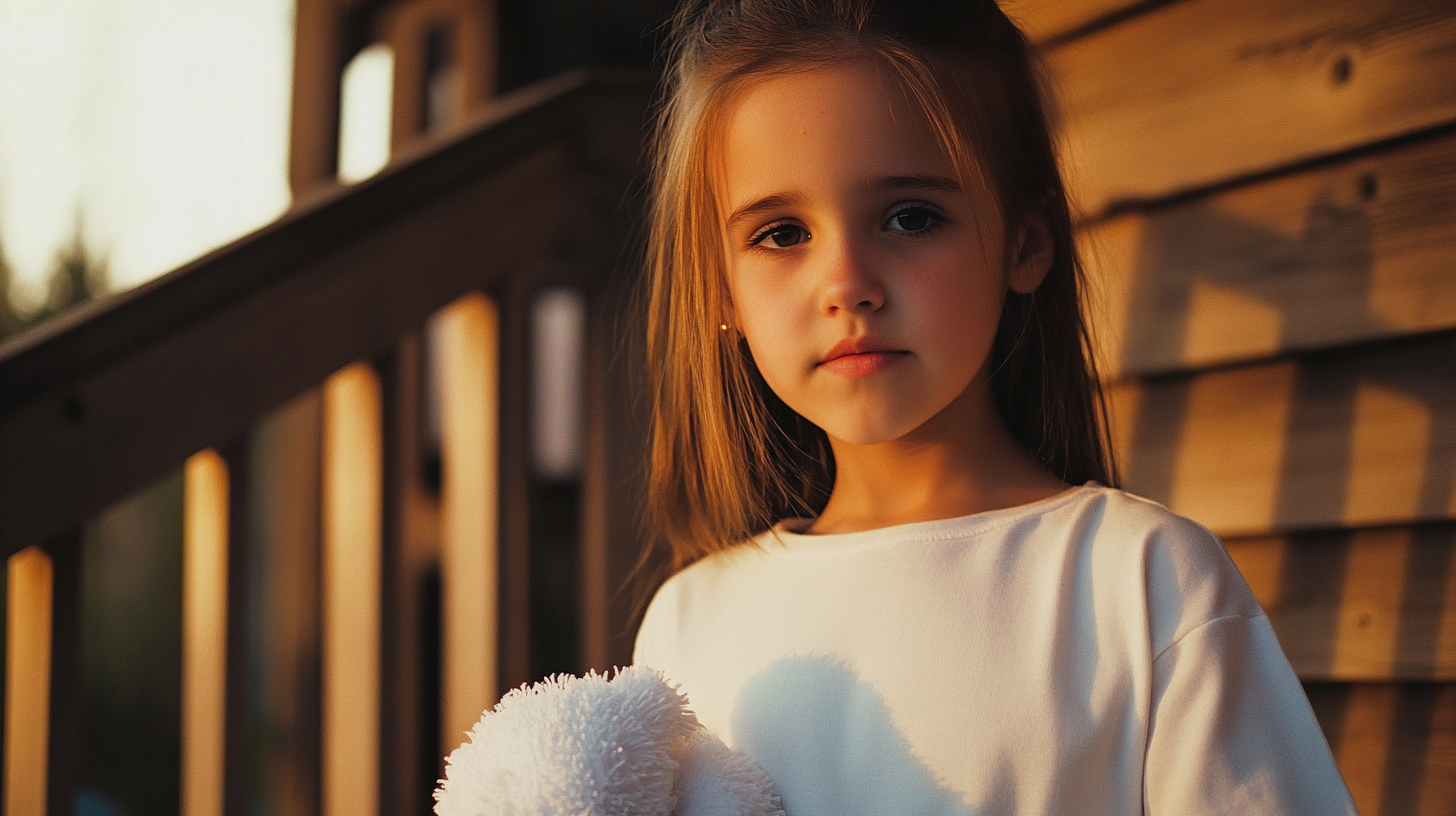 10 y/o girl clutching her toy at the sunny porch | Source: Midjourney