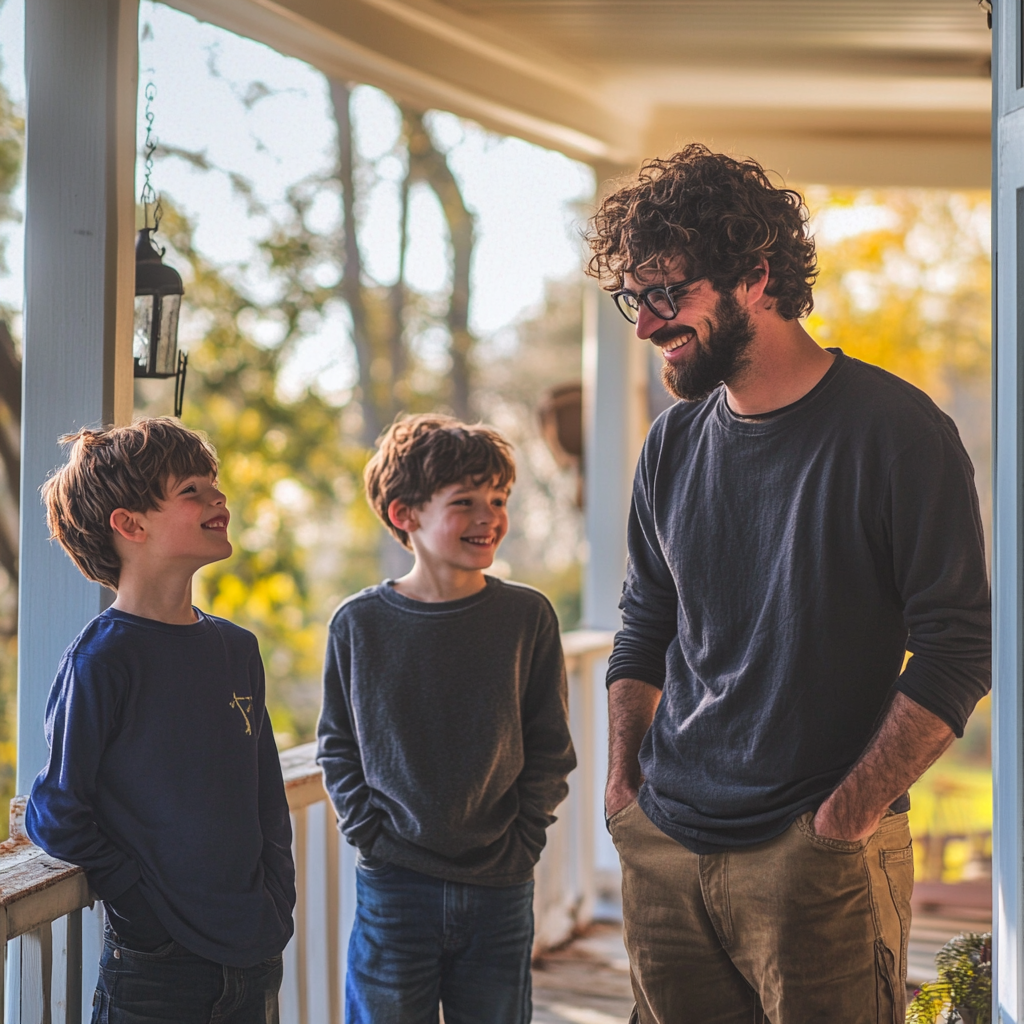 A man talking to his sons on the porch | Source: Midjourney