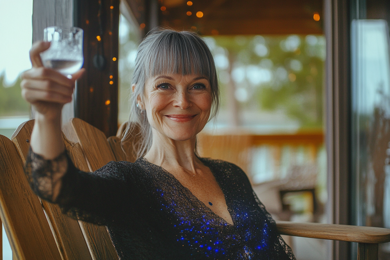 A woman seated on a porch smiling at someone | Source: Midjourney
