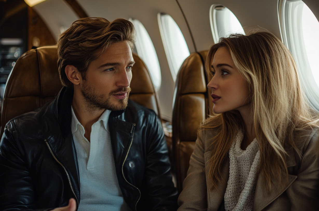 A man and woman speaking on a plane | Source: Midjourney