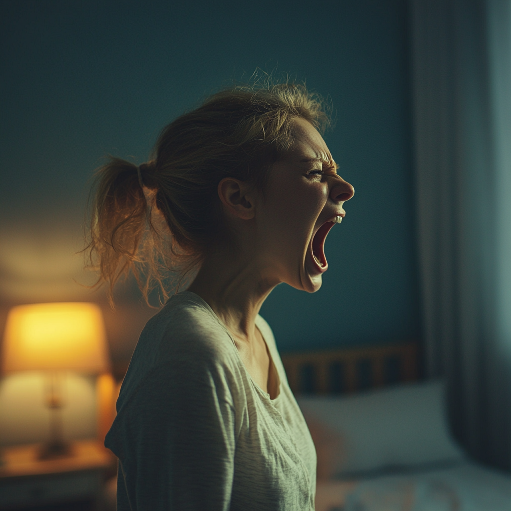 A woman shouting in her bedroom | Source: Midjourney