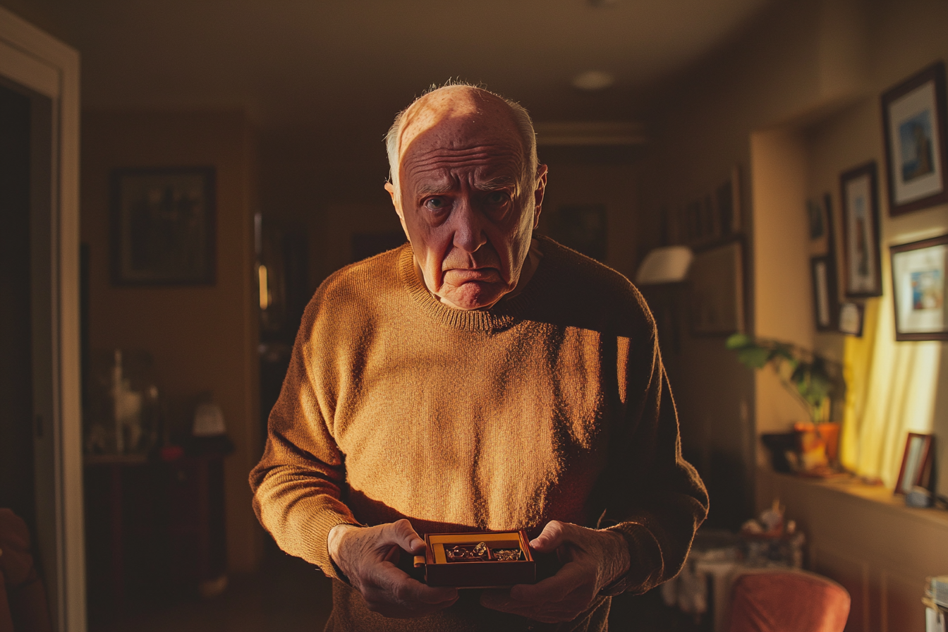 A man in his 70s holds jewelry in his living room and looks sad | Source: Midjourney