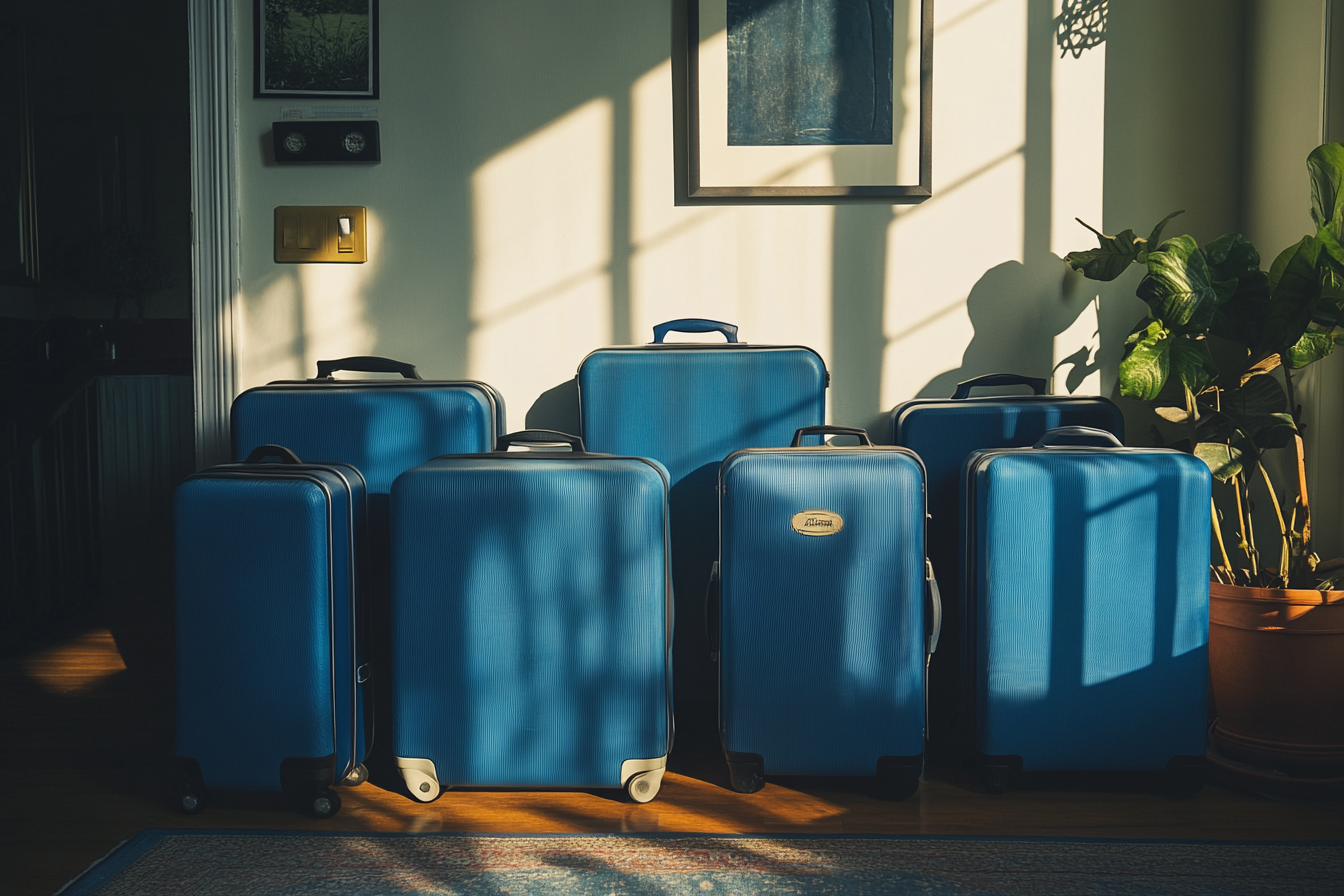 Seven blue suitcases lined up against a living room wall | Source: Midjourney