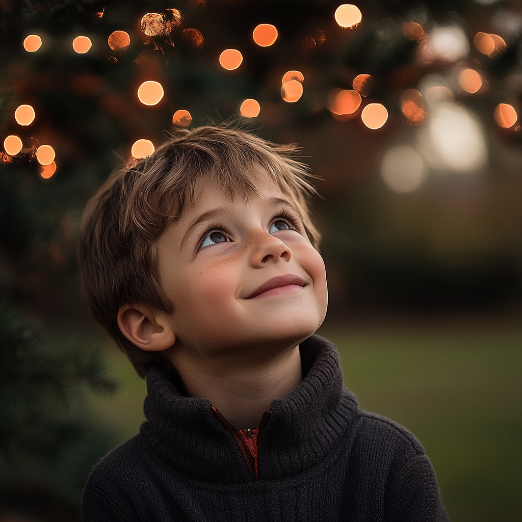 A cheerful little boy looking up | Source: Midjourney