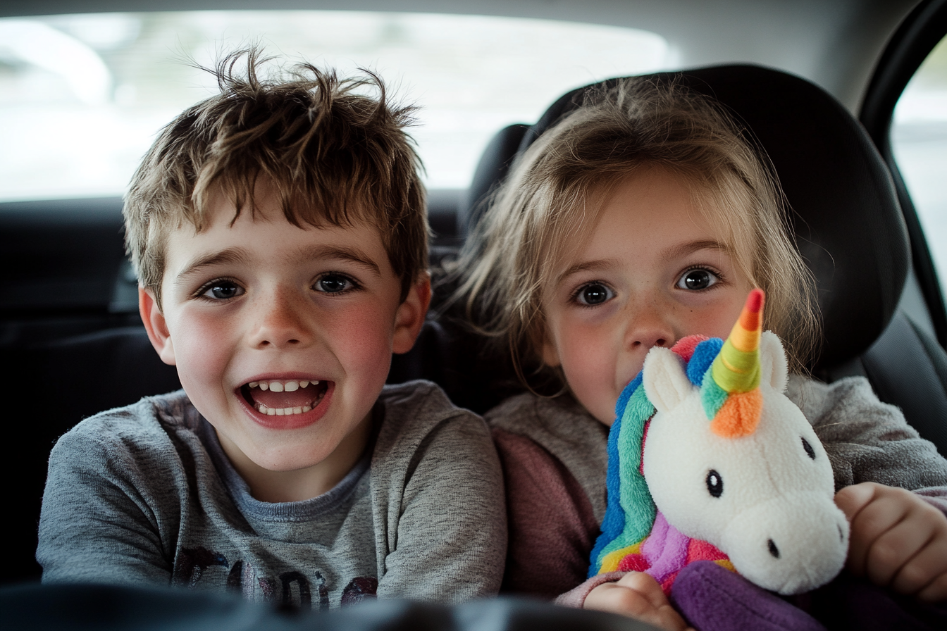 Two kids speaking in the back seat of a car | Source: Midjourney