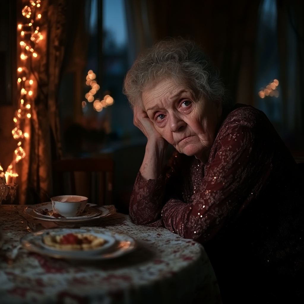 A sad woman sitting at the table | Source: Midjourney