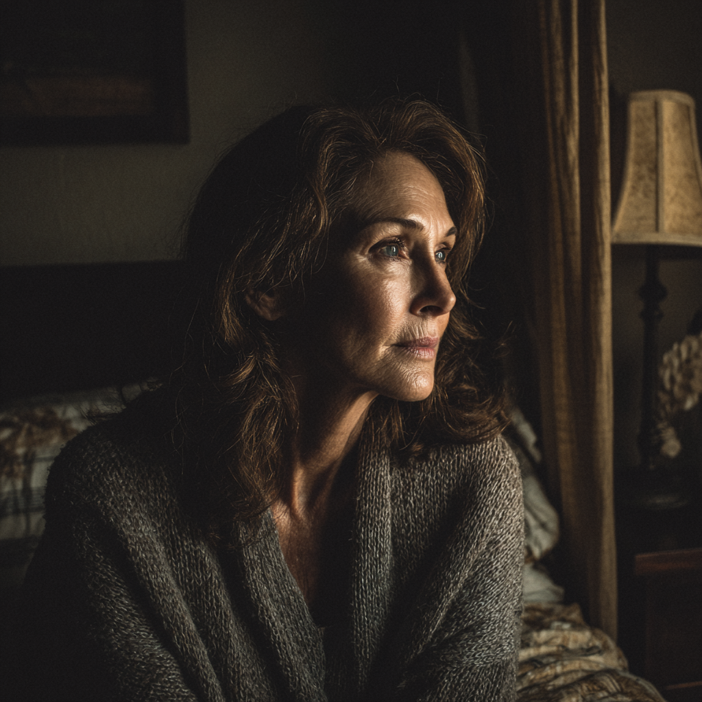 An emotional woman sitting on a bed | Source: Midjourney