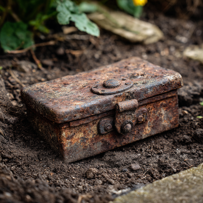 A small rusted iron box lying on the soil in a home garden | Source: Midjourney