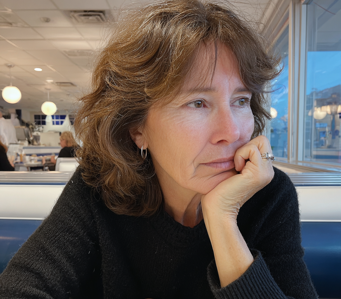 A pensive woman sitting at a table | Source: Midjourney