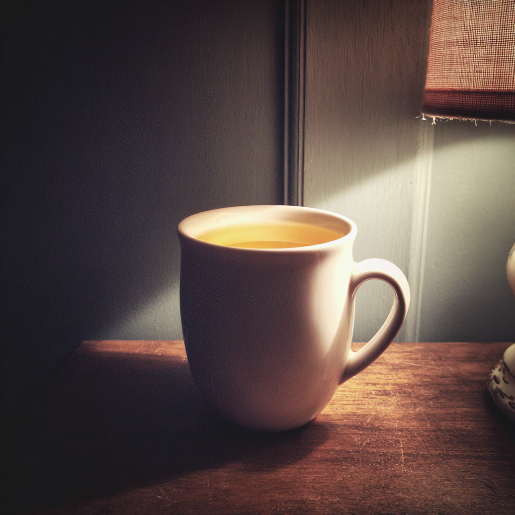 A cup of tea on a nightstand | Source: Midjourney
