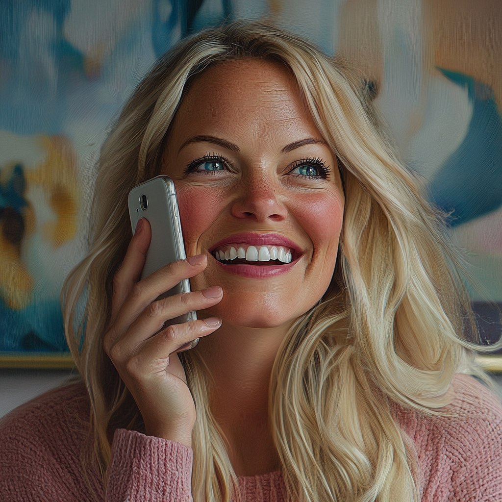 A smiling woman talking on the phone | Source: Midjourney