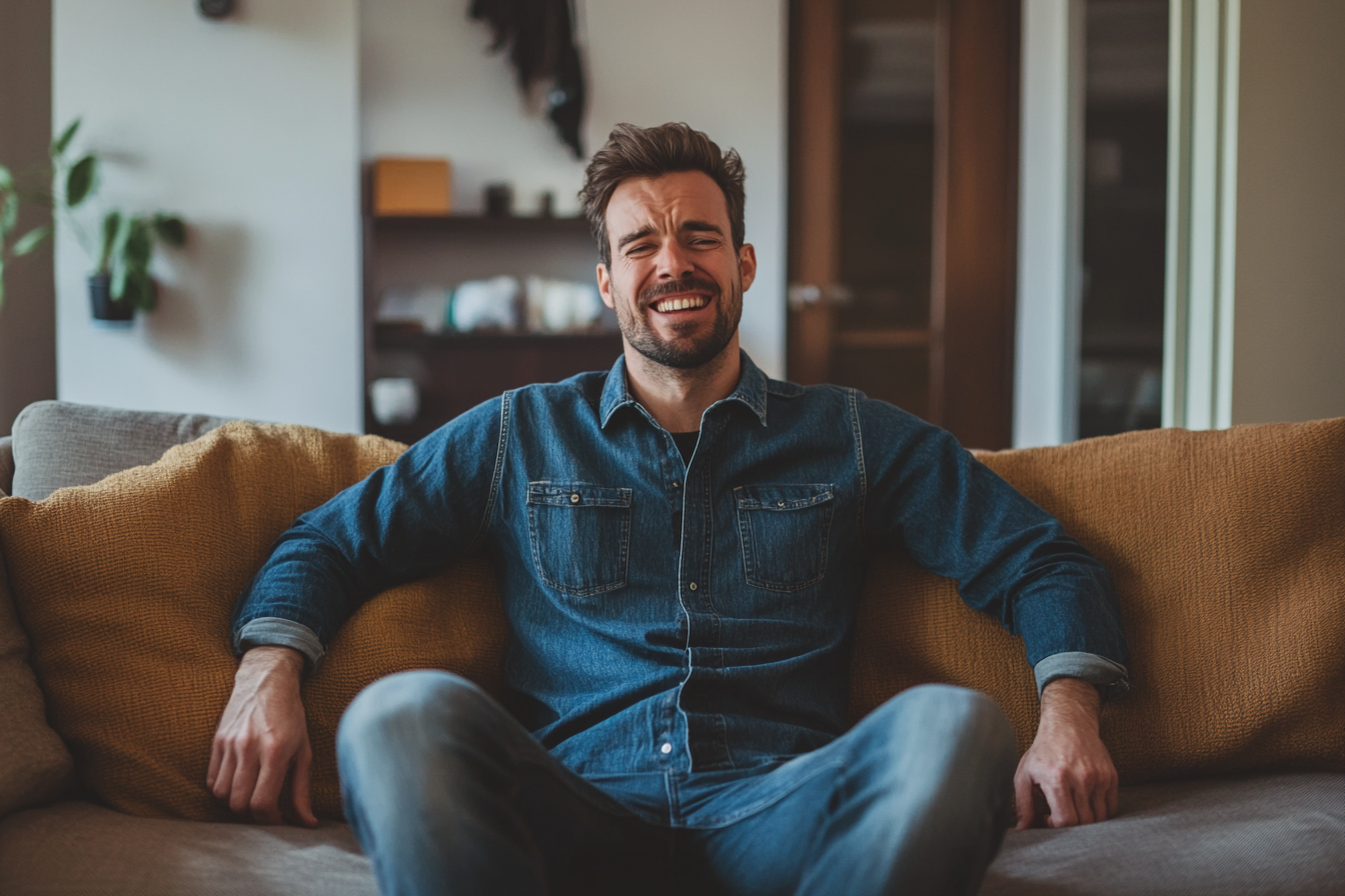 An amused man sitting on a sofa | Source: Midjourney