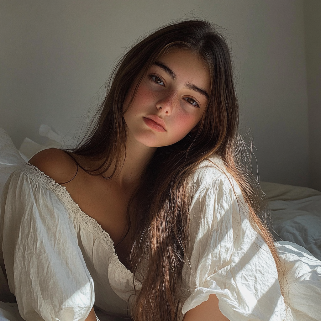 A teenage girl sitting on her bed | Source: Midjourney