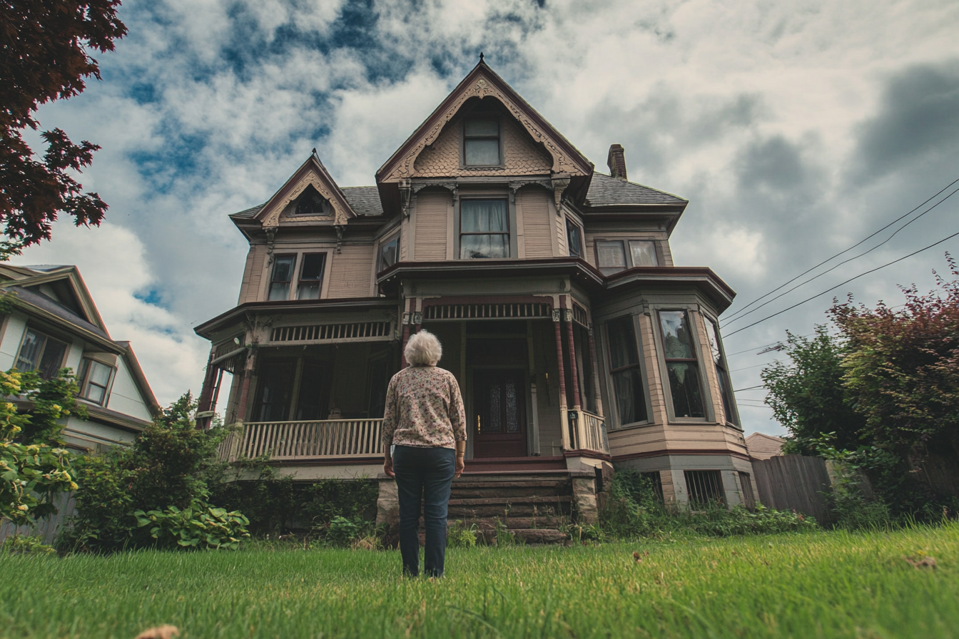 A woman looking up at the roof of an old house | Source: Midjourney