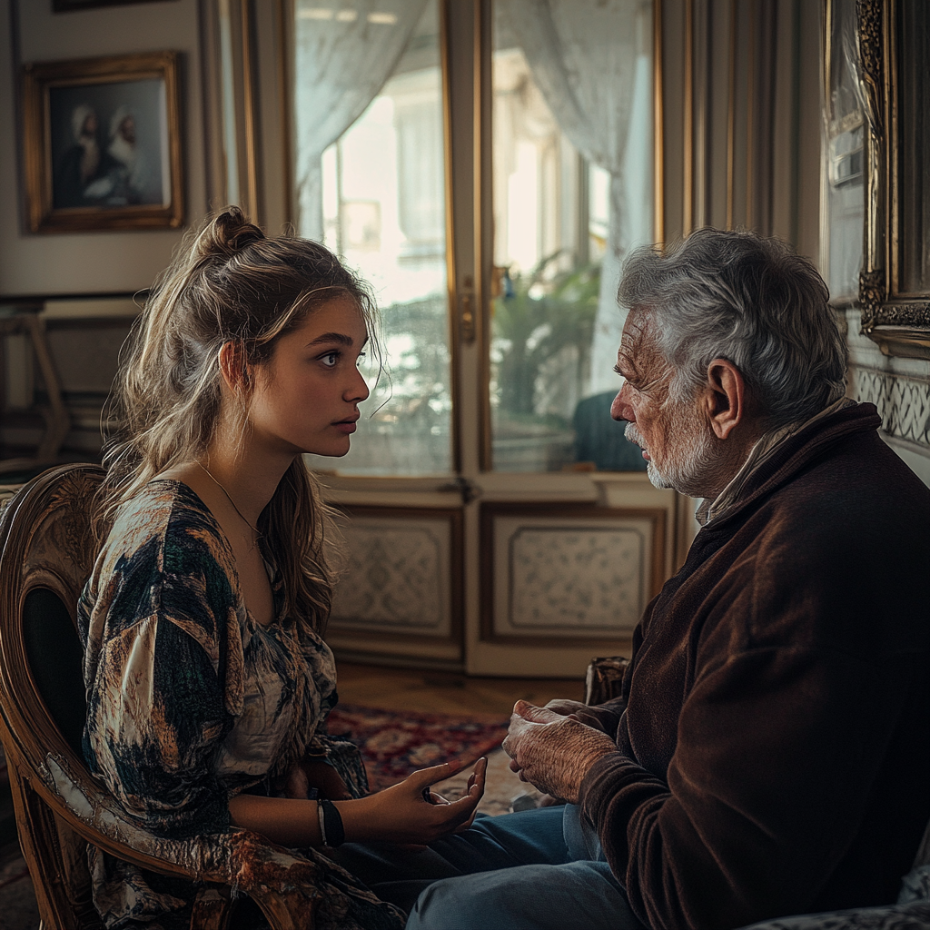 Senior man and a young woman having a conversation | Source: Midjourney