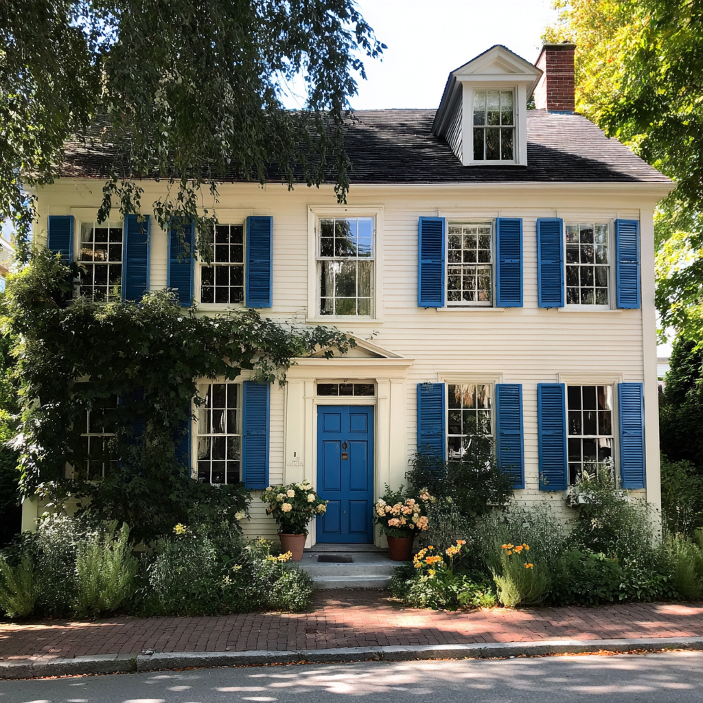 The exterior of a house with blue shutters | Source: Midjourney