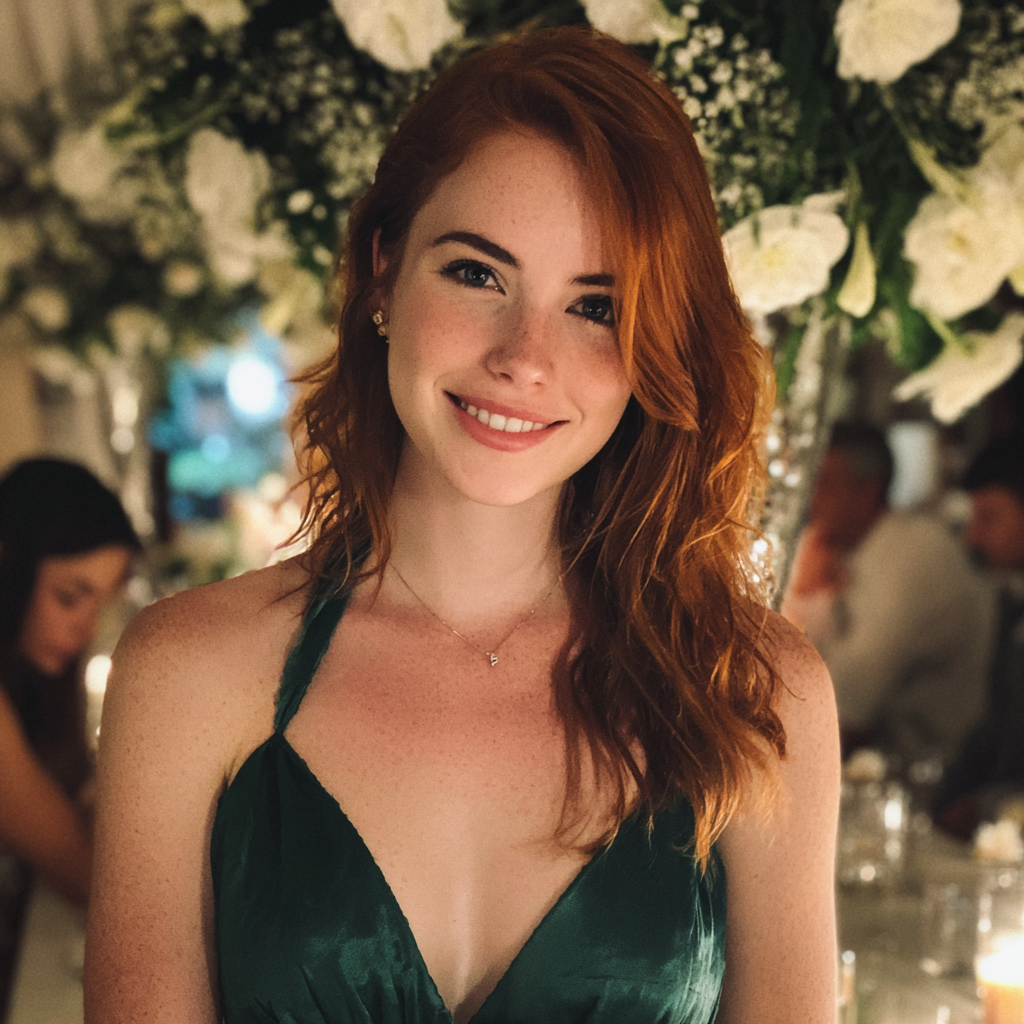 A smiling woman wearing a green dress | Source: Midjourney