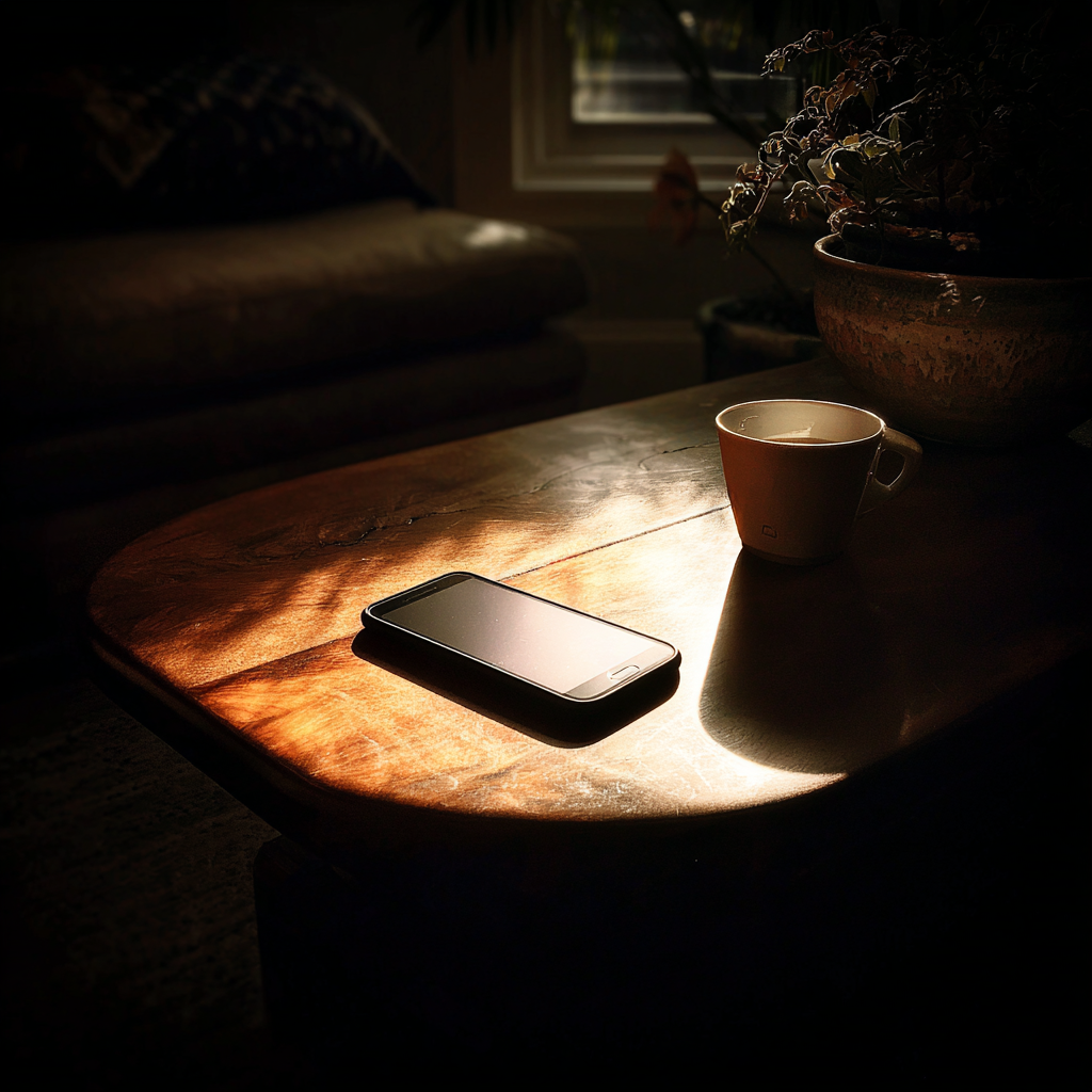 A cellphone on a coffee table | Source: Midjourney