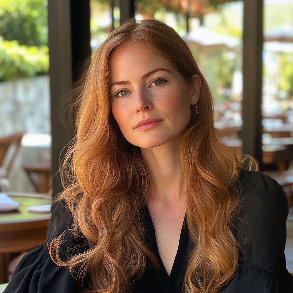 A woman sitting at a restaurant table | Source: Midjourney