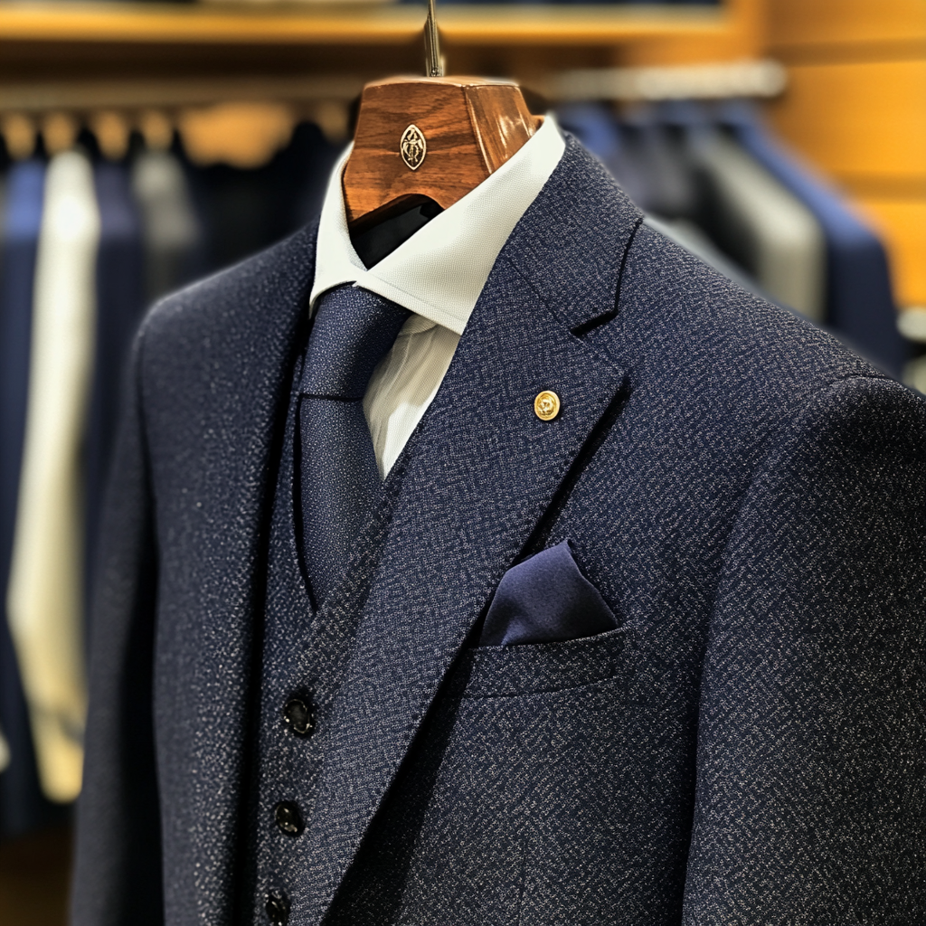 A navy suit on a hanger | Source: Midjourney