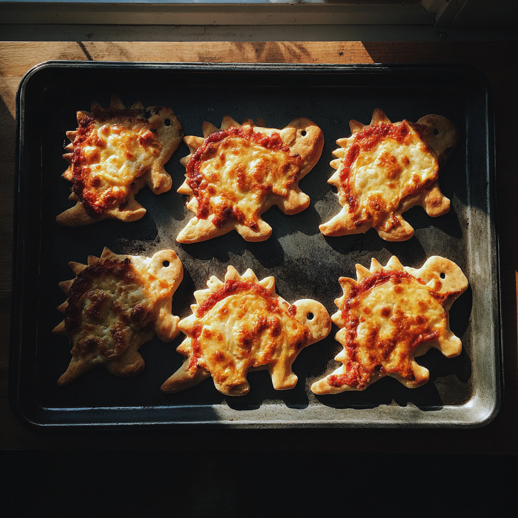 Dinosaur-shaped mini-pizzas on a tray | Source: Midjourney
