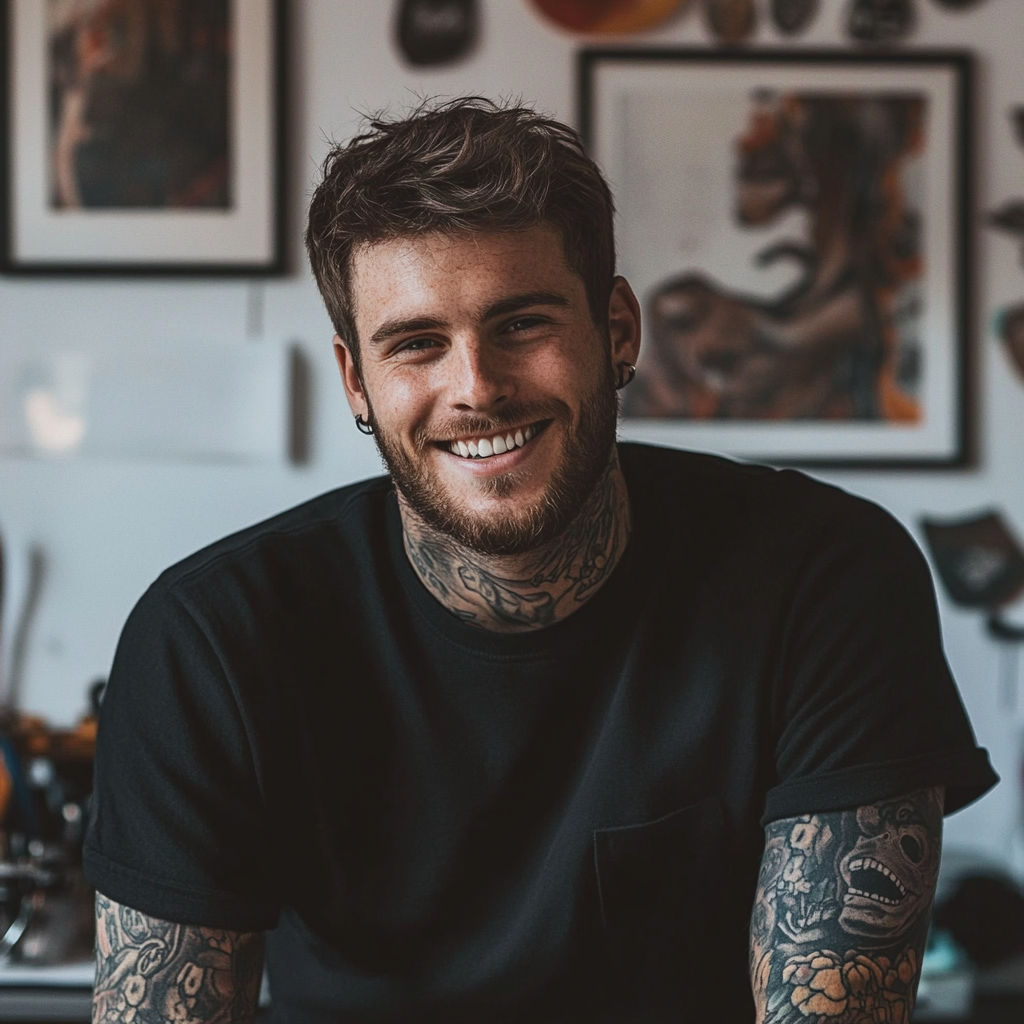 A smiling tattoo artist | Source: Midjourney
