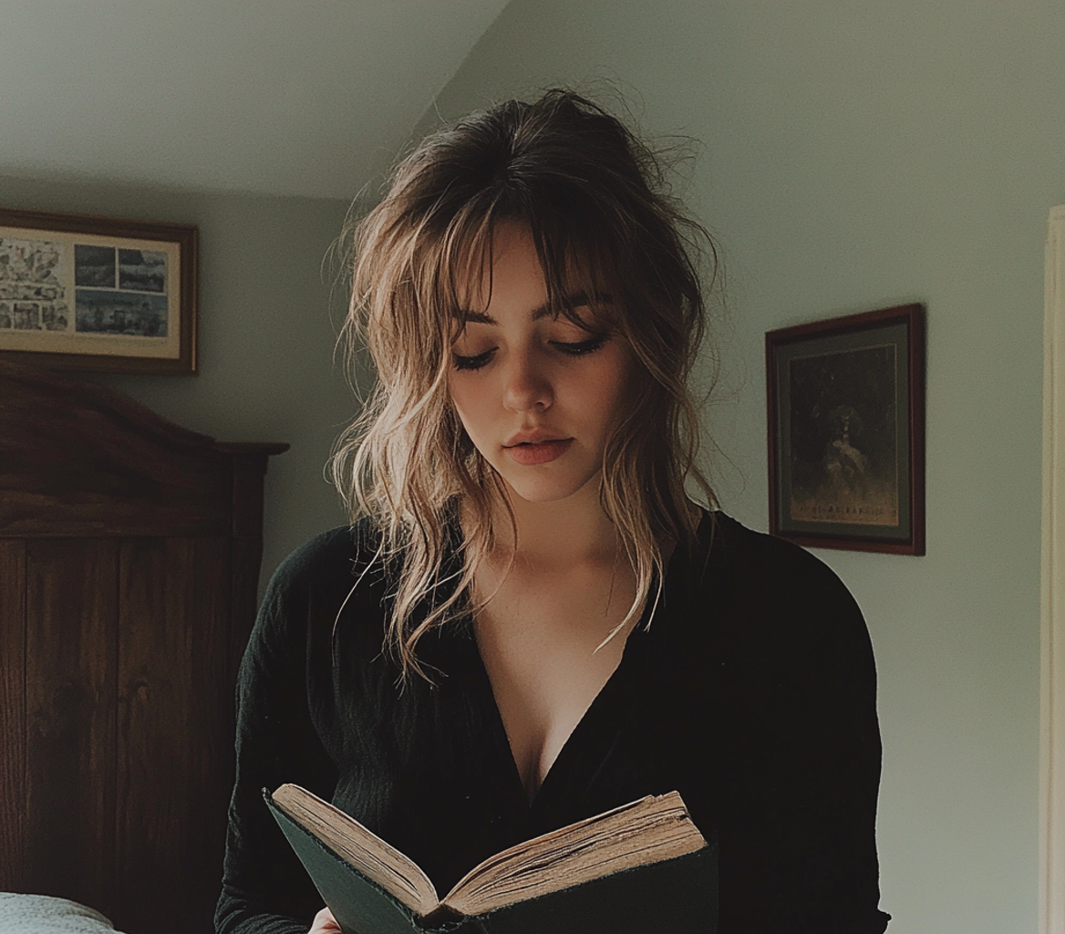 A young woman reading a journal | Source: Midjourney