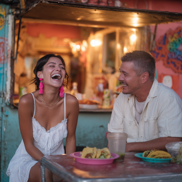 A couple laughing on a date | Source: Midjourney