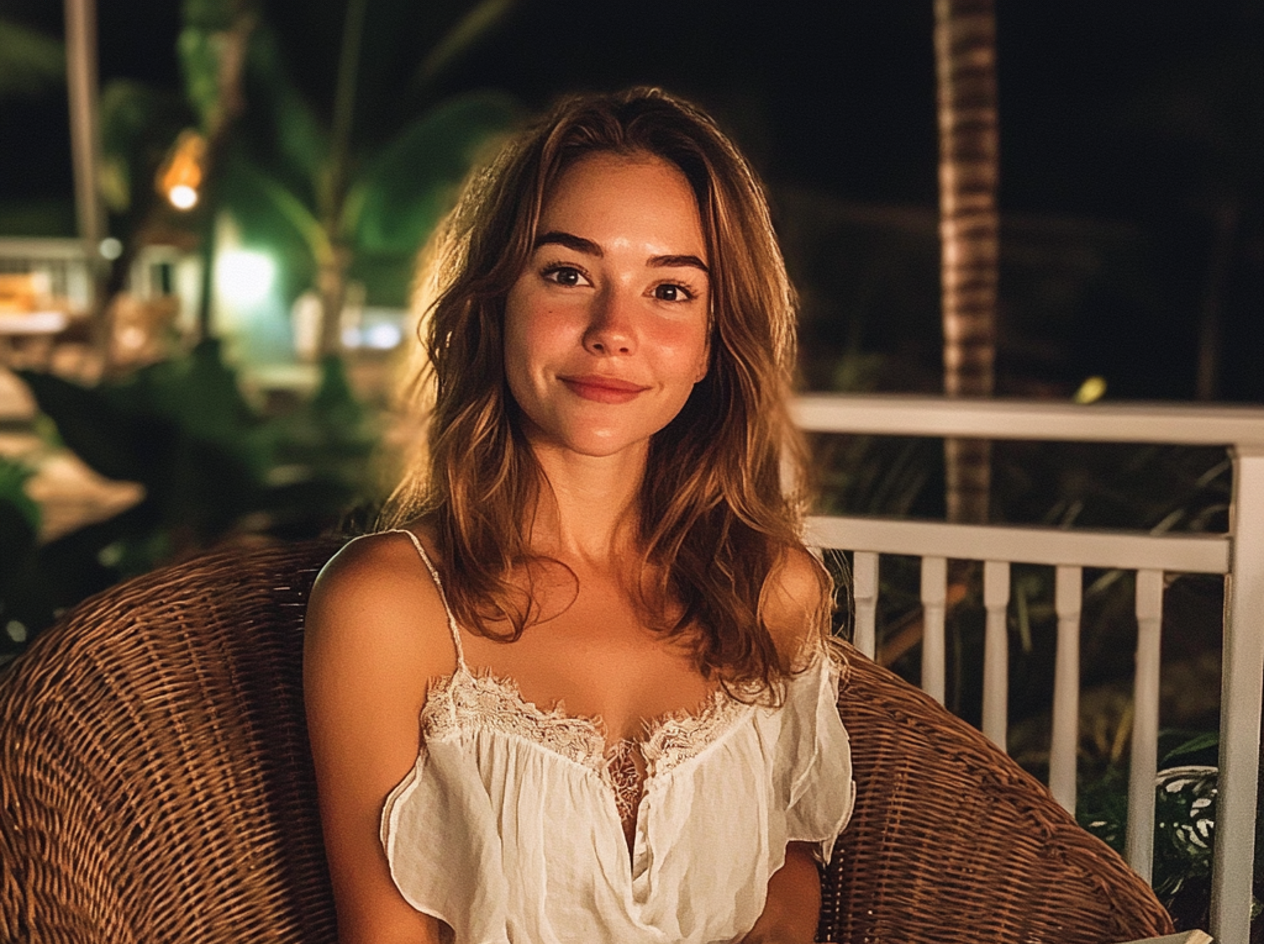 A woman sitting on a balcony in a white dress | Source: Midjourney