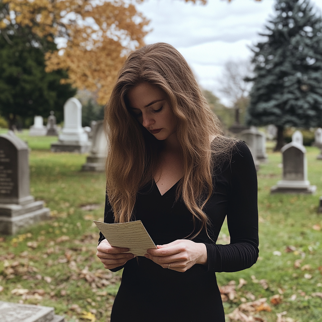 A woman reading a note in a cemetery | Source: Midjourney